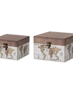 Vintiquewise Antique Vintage Style World Map Design Wooden Storage Box Trunk, PK 2
