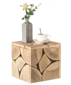 Vintiquewise Square Carved Natural Wood Side and Coffee Table Handmade Living Room Furniture