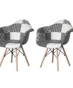 Fabulaxe Mid-Century Modern Style Fabric Lined Armchair with Beech Wooden Legs, Black and White, PK 2