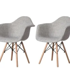 Fabulaxe Mid-Century Modern Style Fabric Lined Armchair with Beech Wooden Legs, Grey, PK 2