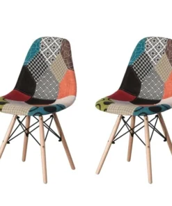 Fabulaxe Modern Fabric Patchwork Chair w/Wooden Legs for Kitchen, Dining Room, Entryway, Living Room, PK 2