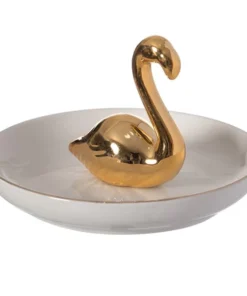 Uniquewise Modern Ceramic Trinket Dish Accent Plate Jewelry Holder White Plate and Gold Swan