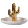 Uniquewise Modern Ceramic Trinket Dish Accent Plate Jewelry Holder White Plate and Gold Cactus Tree