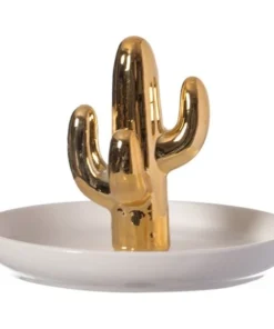 Uniquewise Modern Ceramic Trinket Dish Accent Plate Jewelry Holder White Plate and Gold Cactus Tree
