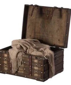 Vintiquewise Wooden Brown Storage Trunk with Faux Leather Straps and Handles, Large