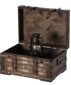 Vintiquewise Wooden Brown Storage Trunk with Faux Leather Straps and Handles, Small