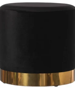 Fabulaxe Modern Round Velvet Fabric Standard Ottoman Stool with Gold Base, Black