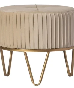 Fabulaxe Round Velvet Ottoman Stool Raised with Hairpin Gold Base, Cream, Small
