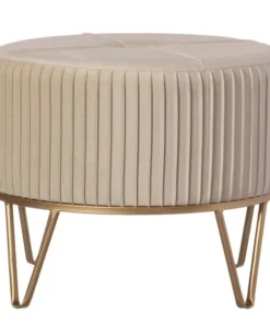 Fabulaxe Round Velvet Ottoman Stool Raised with Hairpin Gold Base, Cream, Medium