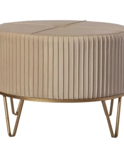 Fabulaxe Round Velvet Ottoman Stool Raised with Hairpin Gold Base, Cream, Large