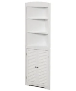 Basicwise White Standing Storage Corner Cabinet Organizer with 3 Open Shelf and Double Shutter Doors