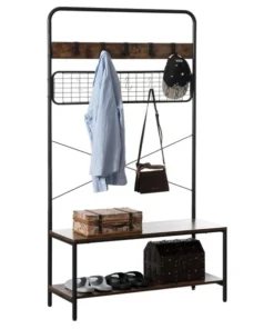 Basicwise Vintage Brown Coat Rack Hall Tree with Storage for Entryway With 10 Hooks and Storage