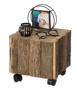 Vintiquewise Accent Decorative Natural Wooden Square Stump Stool, with Wheels for Indoor and Outdoor