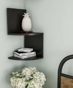 Hastings Home Floating Corner Shelf 2-tier Wall Shelves, Hidden Brackets to Display Decor, Hardware Included (Black)