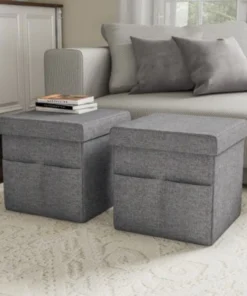 Hastings Home Foldable Storage Cube Ottoman with Pockets, Footrest Organizer for Bedroom, Dorm, (Pair, Charcoal Gray