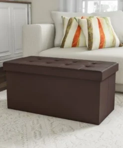 Hastings Home Folding Storage Bench Ottoman 30" Faux Black Leather Foam Padded Lid, Removable Bin for Home