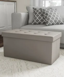 Hastings Home Folding Storage Bench Ottoman-30" Faux Gray Leather- Foam Padded Lid-Removable Bin-Organizer