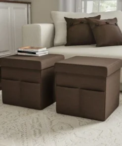 Hastings Home Foldable Storage Cube Ottoman with Pockets Multipurpose Organizer for Home (Pair, Linen Brown)