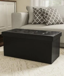 Hastings Home Folding Storage Bench Ottoman 30" Faux Black Leather Foam Padded Lid, Removable Bin for Home
