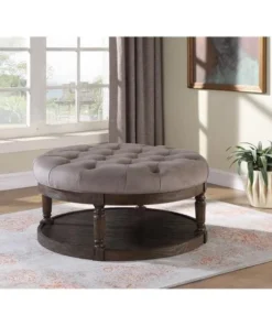 Best Master Furniture DX1500 Beige Linen Round Beige Linen Tufted Upholstered Ottoman