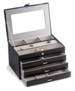 Bey Berk International Bey-Berk International BB652BLK Black Leather 4 Level Jewelry Box with Multi Compartments