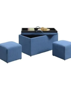 Convenience Concepts 143012FSBE Designs 4Comfort Sheridan Storage Bench with 2 Side Ottomans; Soft Blue Fabric