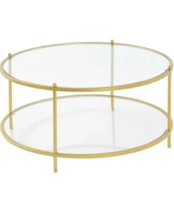 Convenience Concepts 134036GLG 36 x 36 x 17.25 in. Royal Crest 2 Tier Round Glass Coffee Table; Clear Glass & Gold