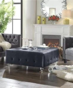 Chic Home FON2604-US Derek Velvet Modern Contemporary Button Tufted Clear Acrylic Legs Ottoman; Grey