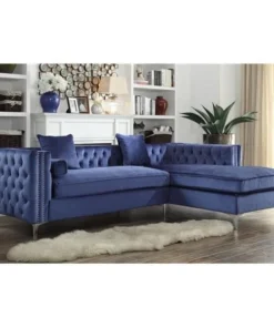 Chic Home FSA2583-US Monet Velvet Modern Contemporary Button Tufted with Silver Nailhead Trim Silvertone Metal Y-Leg Right Facing Sectional Sofa; Navy