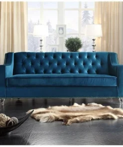 Chic Home FSA2577 Berry Velvet Modern Contemporary Button Tufted with Silver Nailhead Trim Round Acrylic Feet Sofa; Navy Blue