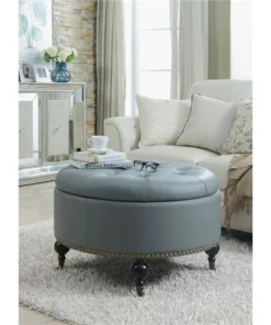 Chic Home FON2598 Keller PU Leather Modern Contemporary Hidden Storage Button Tufted with Gold Nailhead Trim Castered Legs Round Ottoman; Grey