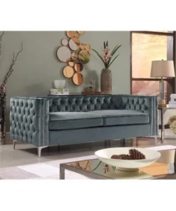 Chic Home FSA2864-US Monet Modern Contemporary Velvet Button Tufted Metal Leg Sofa; Grey