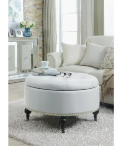 Chic Home FON2920-US Keller Round Ottoman Hidden Storage PU Leather Upholstered Button Tufted Nail Head Trim Carved Espresso Wood Legs; Modern Transitional; Cream White