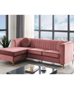 Chic Home FSA9506-US Britannia Modular Chaise Sectional Sofa with Velvet Upholstered Vertical Channel Quilted Seat Back Solid Gold Tone Metal Y-Legs with 2 Throw Pillows; Modern Contemporary; Blush