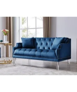 Chic Home FLS9556-US Eva Love Seat Sofa with Velvet Upholstered Button Tufted Nailhead Trim Slope Arm Design Acrylic Legs; Modern Transitional; Blue
