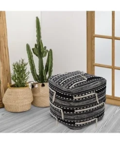 Chic Home FON9637-US Modern Transitional Spiro Ottoman with Woven Cotton Upholstered Two-Tone Striped Pattern with Tassels Square Pouf; Black