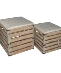 Cheungs 4936-2 Square Wood Slat Storage Bench with Metal Accent & Cushioned Lid - Set of 2