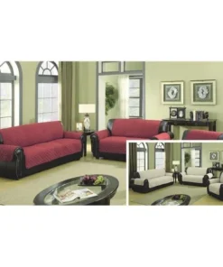 Quick Fit REYNOLD 5129 Reversible Sofa Cover Couch Covers - Water Resistant Furniture Slipcover Great For Kids Dogs Pets - Solid - Loveseat - Burgundy Red & Beige