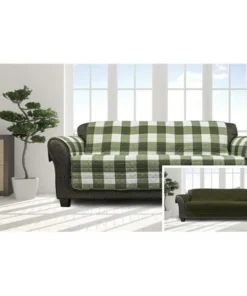 Kensie Quick Fit ALCS3=6 /13859 Reversible Sofa Cover Couch Covers - Water Resistant Furniture Slipcover Great For Kids Dogs Pets - Buffalo Plaid Gingham Checkered - Sofa - Sage Green