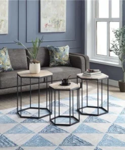 4D Concepts 631029 Layton Nesting Sextagon Tables; Set of 3 - Distressed wood top with Black metal