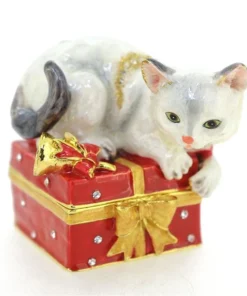 Fantasyard Kitty on Giftbox Christmas Trinket Box - Red - 2.25 x 2.375 in.