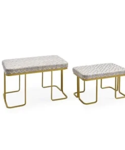 Hodedah HI1875 2 Piece Geometric Fabric Upholstered Ottoman - Grey & Gold