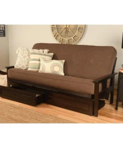 Kodiak KFMODEPLCOCLF5MD4 Monterey Espresso Futon Frame with Linen Cocoa Mattress & Storage Drawers - Full Size
