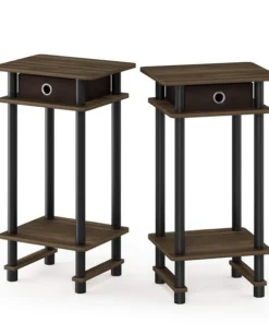 Furinno 217017CWNBKDBR Turn-N-Tube Tall End Table with Bin; Columbia Walnut & Black & Dark Brown - Set of 2