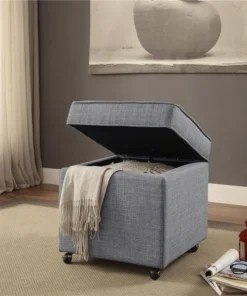 Posh Living Ruby Linen Modern Contemporary Hidden Storage Castered Legs Ottoman Cube - Light Grey