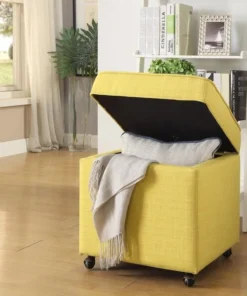 Posh Living Ruby Linen Modern Contemporary Hidden Storage Castered Legs Ottoman Cube - Yellow