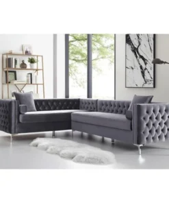 Posh Living Levi Velvet Tufted with Silver Nailhead Trim Metal Y-leg Left Facing Corner Sectional Sofa - Grey