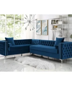 Posh Living Levi Velvet Tufted with Silver Nailhead Trim Metal Y-leg Left Facing Corner Sectional Sofa - Navy Blue