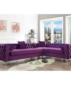 Posh Living Levi Velvet Tufted with Silver Nailhead Trim Metal Y-leg Right Facing Corner Sectional Sofa - Purple