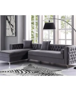 Posh Living Levi Velvet Tufted with Silver Nailhead Trim Metal Y-leg Left Facing Chaise Sectional Sofa - Grey